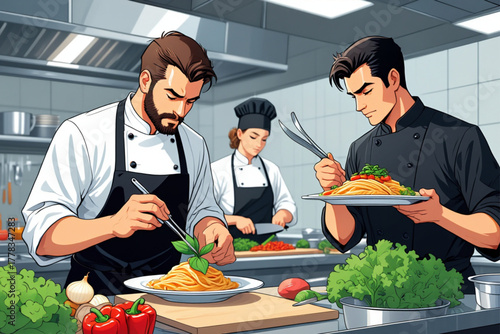 Chefs meticulously prepare and plate gourmet dishes in a busy professional kitchen