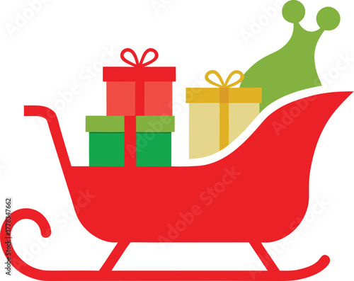 Festive sleigh overflowing with colorful gifts on a white background