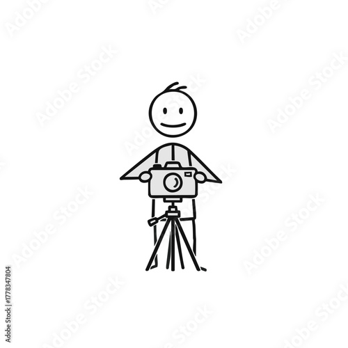 A simple stick figure photographer with a camera on a tripod, capturing an image with a smile, representing photography and visual storytelling.