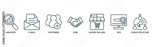 Inbound marketing icon set vector concept with icon of analysis, email, customer, crm, guided selling, seo and public relations 