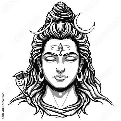 Artistic black and white vector illustration depicts Lord Shiva, the Hindu god, with a cobra snake, conveying themes of spirituality, mythology, and Indian culture. Ideal for use in religious artwork,