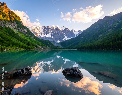 Serene mountain lake reflecting snow-capped peaks at sunrise