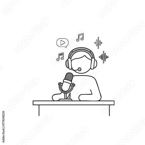 A simple illustration depicts a person with headphones and a microphone, creating audio content for a podcast or online broadcast.