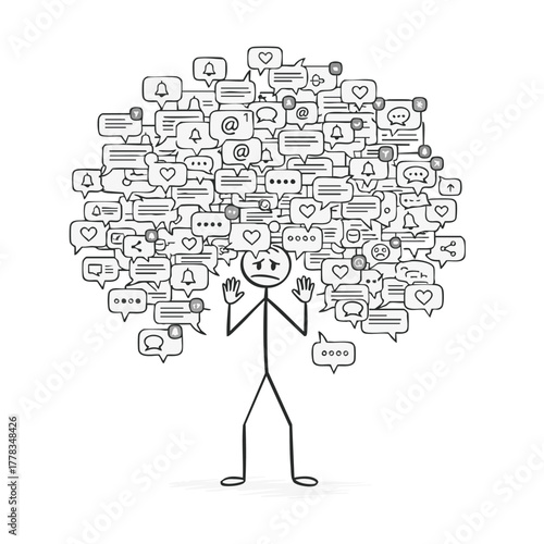 A stick figure overwhelmed by social media notifications, representing information overload and digital communication anxiety in the modern world.