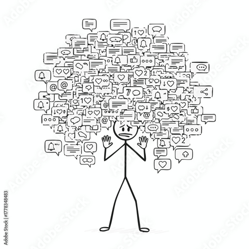 A stick figure overwhelmed by a deluge of social media notifications and speech bubbles, representing information overload and digital stress.