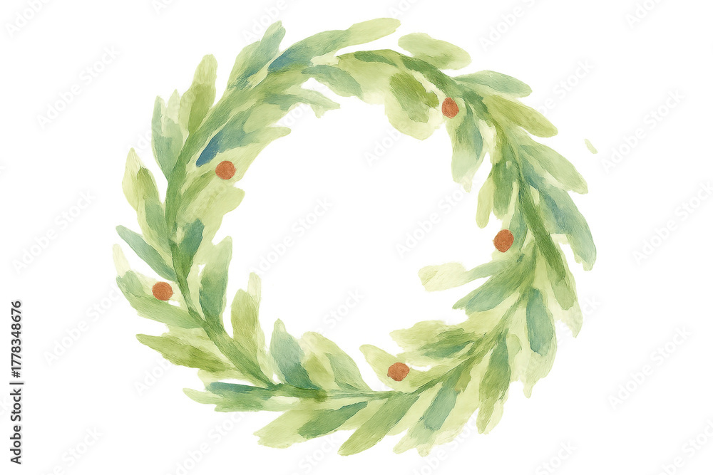 Fototapeta premium Watercolor green leaves wreath illustration with small berries, natural foliage circle frame, transparent background