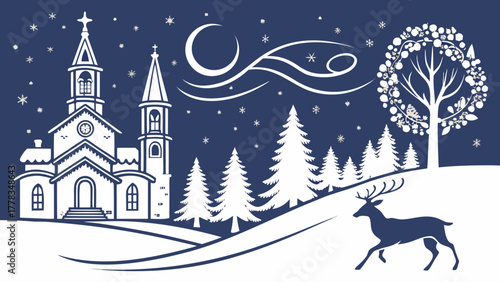 Winter scene with church, deer, trees, moon and snowflakes in blue and white color palette design