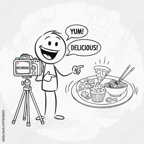 A cartoon person enthusiastically records a video showcasing a plate of diverse, appetizing foods, expressing delight with exclamations.