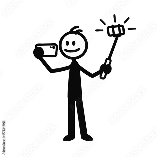 A simple stick figure joyfully takes a selfie with a smartphone and selfie stick, capturing a moment of self-expression.