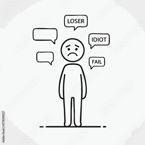 A sad stick figure is surrounded by speech bubbles with negative words, symbolizing feelings of failure and self-doubt in a simple illustration.