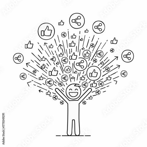 A joyful person celebrates social media success, surrounded by likes and shares, representing online popularity and engagement.