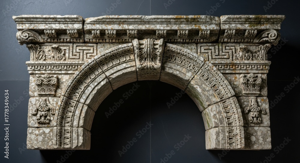 Obraz premium Ancient Stone Arch with Intricate Carvings and Decorative Elements in Historical Museum Setting