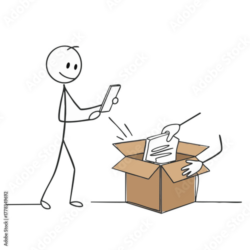 A stick figure observes a package being delivered, with a hand reaching into the cardboard box to retrieve its contents, symbolizing online shopping.
