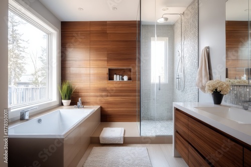 Wallpaper Mural Modern bathroom interior featuring a bathtub, shower, wooden accent wall, and double vanity sink, designed for luxury and relaxation Torontodigital.ca