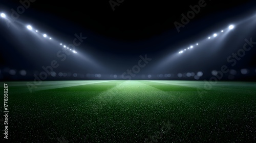 A professional football stadium at night illuminated by bright floodlights over a pristine green pitch