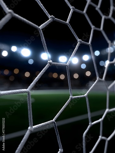 Close up view of a soccer goal net with blurred stadium lights and field at night
