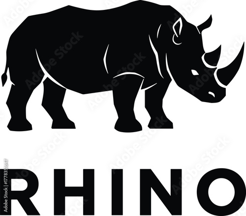 Black rhino silhouette vector illustration, strong wild animal graphic symbol, endangered species design for logo, wildlife conservation, safari branding and nature projects