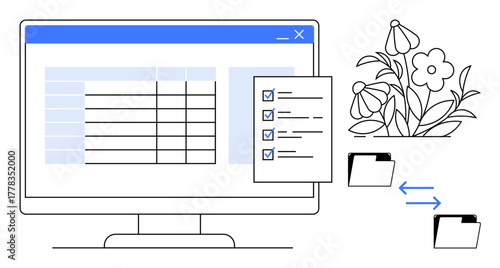 Computer monitor displaying data table, checklist pop-up, folders with transfer arrows, flowers. Ideal for productivity, organization, teamwork, efficiency, remote work eco-balance simple flat
