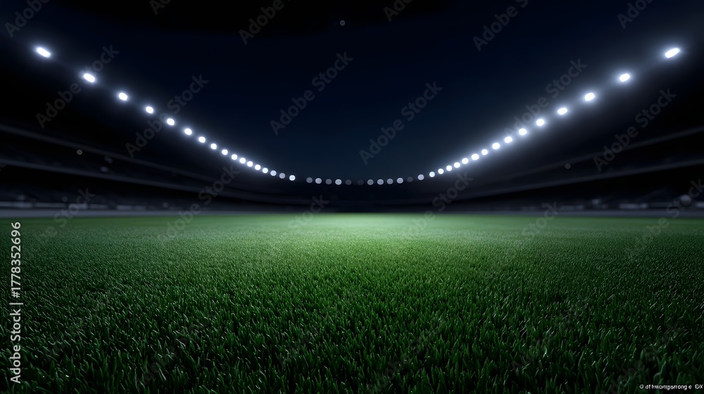 Naklejka premium A night time panorama of an empty football stadium with bright spotlights illuminating the green grass field creating a dramatic atmosphere