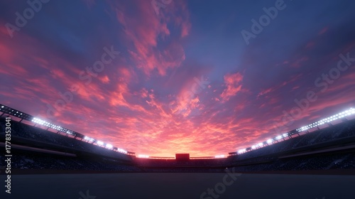 A sports stadium at sunset with dramatic red and purple clouds above bright stadium lights