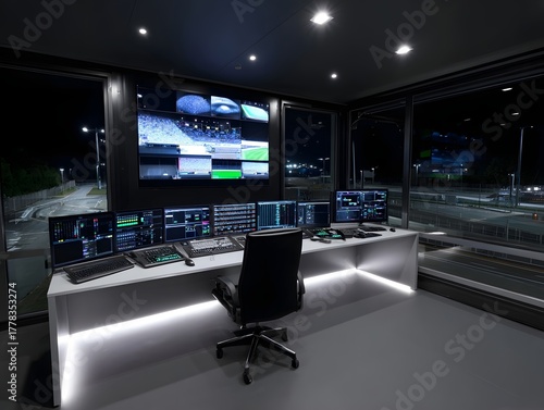 Modern control room with multiple glowing screens and panoramic night views of a stadium