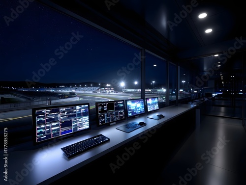 A control room at night overlooks a brightly lit race track with multiple monitors displaying data