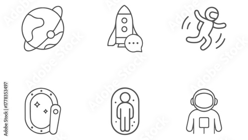 Outline Vector Icons for Space Travel, Astronauts and Science Fiction Concepts