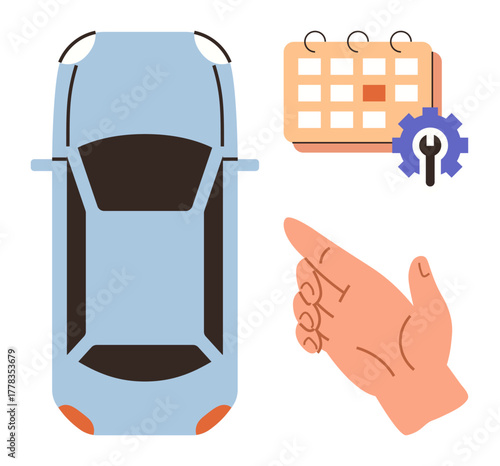 Blue car top view, calendar with gear icon, pointing hand, emphasizing car maintenance, service scheduling, planning, time management, teamwork, convenience efficiency and flat abstract design