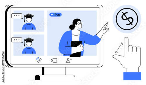 Online educator teaching graduates via live video conference. Hand gestures toward dollar sign. Ideal for e-learning, online training, webinars, education costs, communication, technology, simple