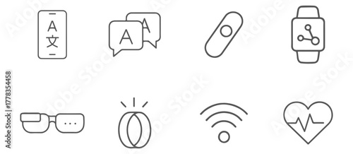 Smart Gadgets and Translation Technology Line Icons Set, Wearables and Connectivity