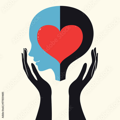 Hands holding head silhouette with heart symbol   , vector style simple color