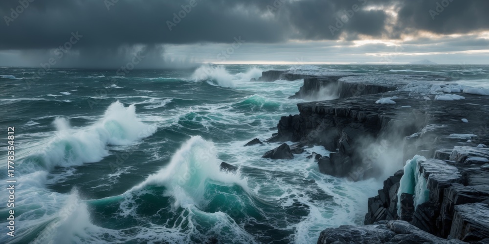Fototapeta premium Dramatic Seascape with Powerful Waves Crashing on Rocky Shore Under Dark Cloudy Sky at Dusk