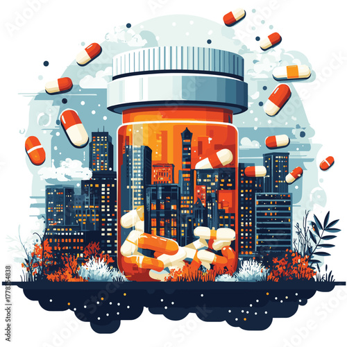 Impact of the Opioid Crisis on Communities and Healthcare Systems: A Visual Representation   , vector style simple color