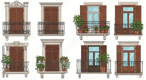 Collection of ornate balconies with detailed shutters & decorative pots