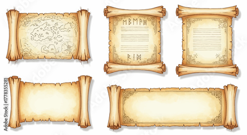 Ancient scrolls and weathered parchment paper documents, historical maps, and decorative vintage banners