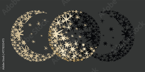 A crescent moon with three phases, rendered in gold and black stars on a dark background. A vector celestial illustration demonstrating the lunar cycle and astronomical concept for poster, astrology.