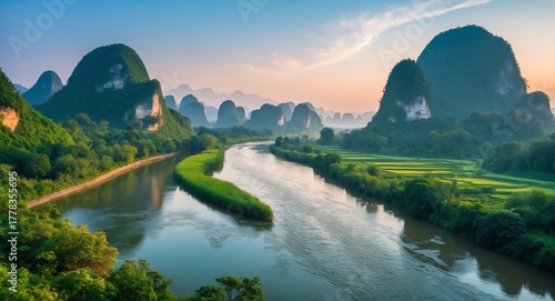 Serene River Landscape Surrounded by Majestic Mountains and Lush Greenery at Dawn in Guilin China