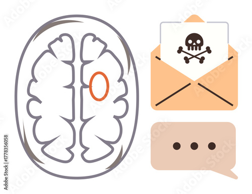 Brain scan with marked region representing impact, envelope with toxic message icon, and speech bubble for communication. Ideal for cybersecurity, psychology, mental health, danger warning