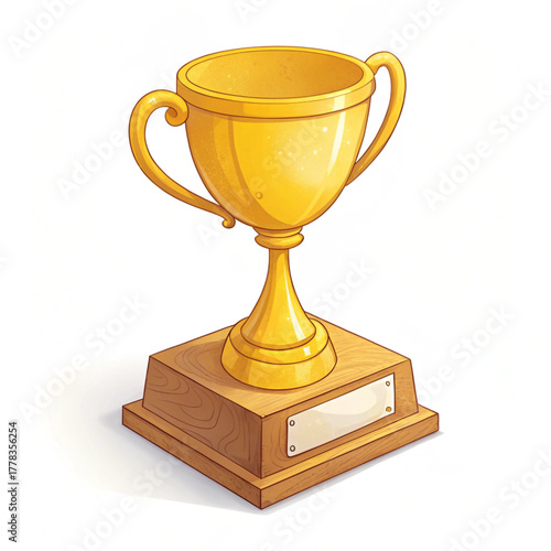 Golden trophy on wooden pedestal with blank label