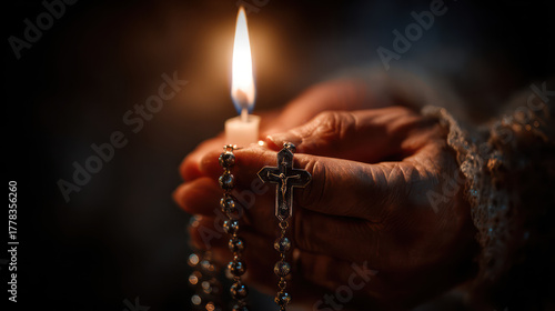 Close up of elderly hand holding lit candle and rosary beads with cross, warm glow illuminates scene, evoking spirituality