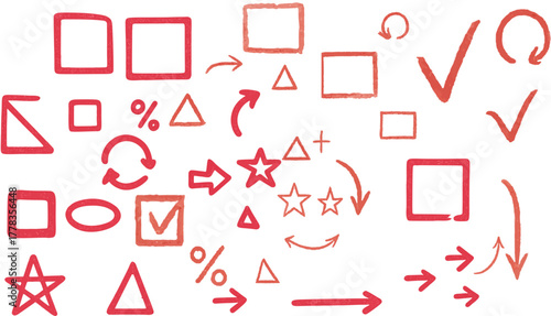 Hand Drawn Red Doodle Arrows and Shapes Set