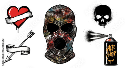 Artistic Graffiti Elements Featuring Skull, Heart, and Mask Illustration