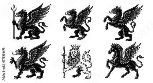 Heraldic Griffin, Pegasus, and Lion Illustration Set