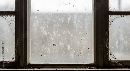 An old window, showing dust and cobwebs with an obscured view beyond