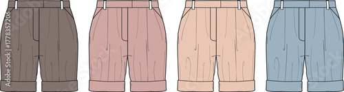 Collection of fashionable tailored shorts in a variety of pastel and earthy tones