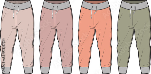 Collection of comfortable and trendy athletic leisurewear joggers for men and women, featuring diverse color options in a modern flat vector illustration style