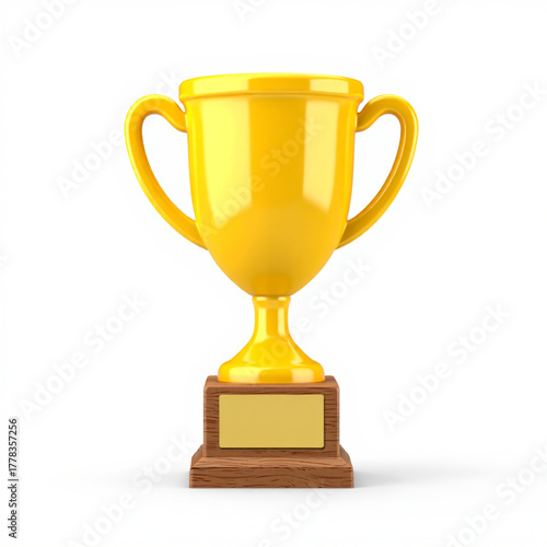 Golden trophy award on wooden base with blank plaque