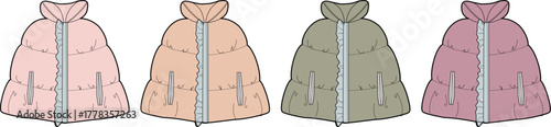 Collection of four puffer jacket designs in various muted colors, showcasing front zipper and quilted texture