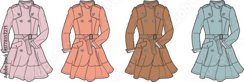 Vector illustrations of fashionable double-breasted trench coats. Featuring belted waists and ruffled hems in varied colors, ideal for apparel design projects