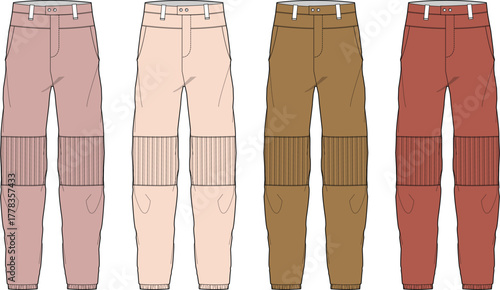 Apparel flat sketch showcasing four casual pants with ribbed knees and cuffed hems. Muted color palette pink, beige, brown, and red. Ideal for fashion design templates